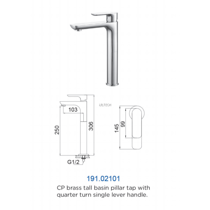 Yatu Series CP Brass Tall Basin Pillar Tap With Quarter Turn Single