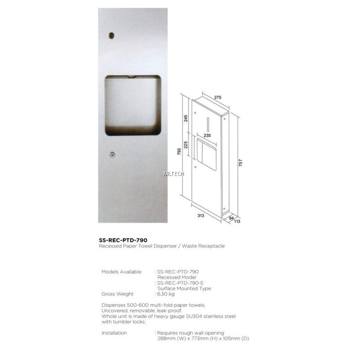 Novatec Recessed Paper Towel Dispenser / Waste Receptacle SSRECPTD790